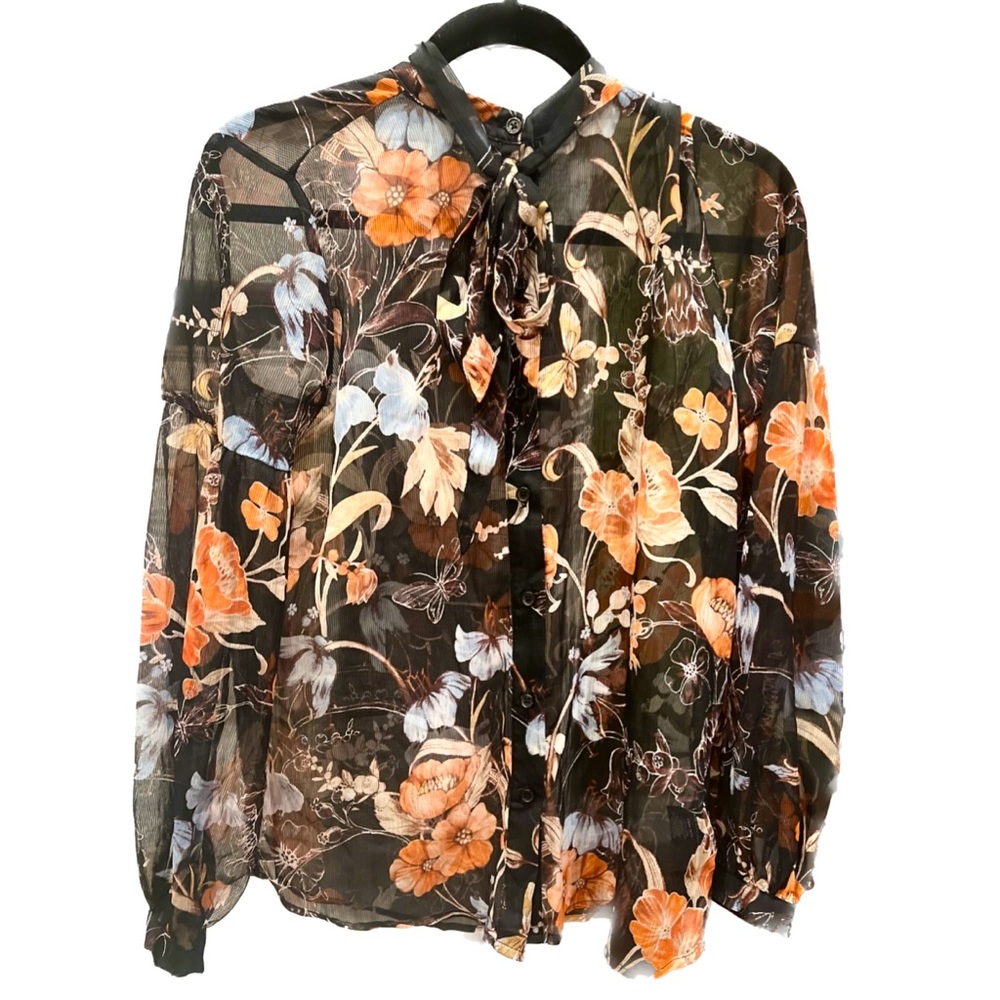 NWT Who What Wear Sheer Lace Floral Button Up w/ Neck Tie (S)
